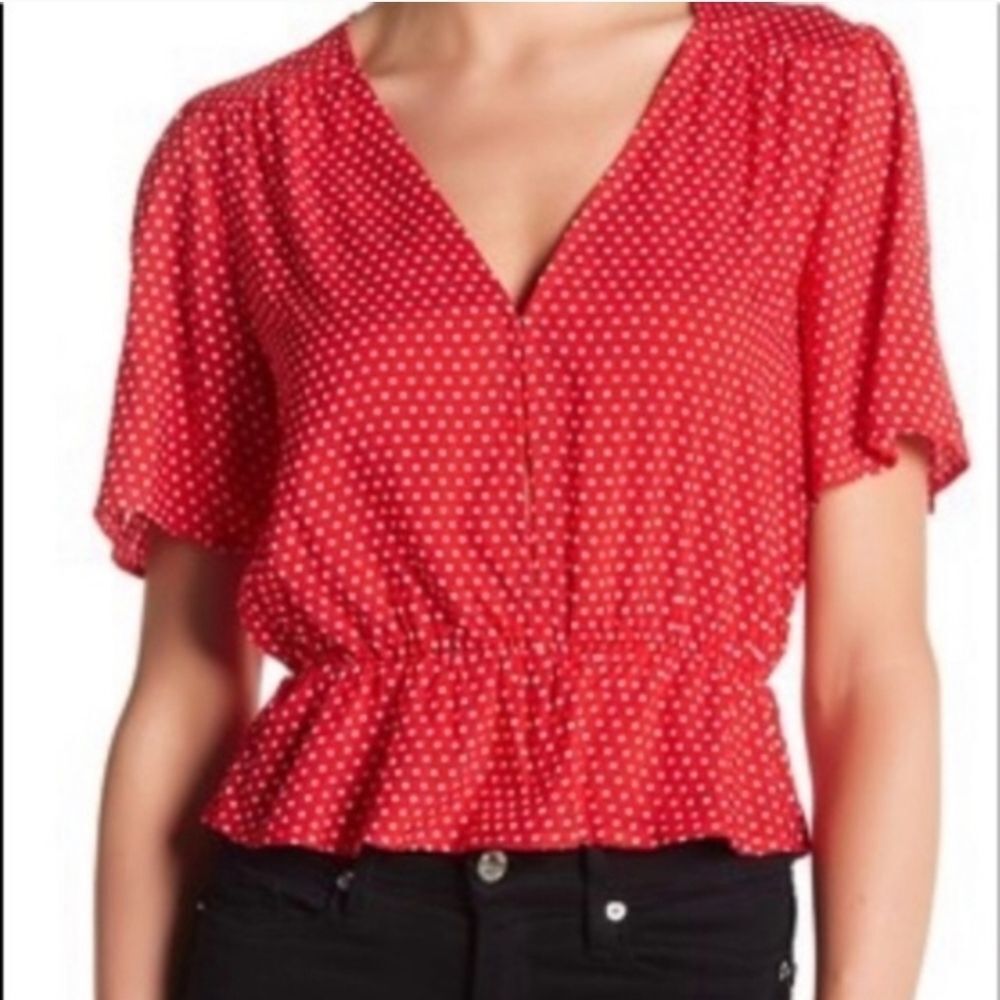 Red Polka Dot V-Neck Peplum Blouse